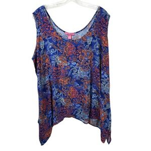 Woman Within 1X Tank Top 22/24W Blue Orange Paisley Sleeveless Rayon Coastal 750
